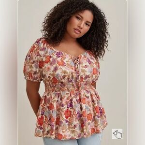 Torrid Georgette Eyelet Smocked Waist Puff Sleeve Top Floral Size 6X Cottagecore